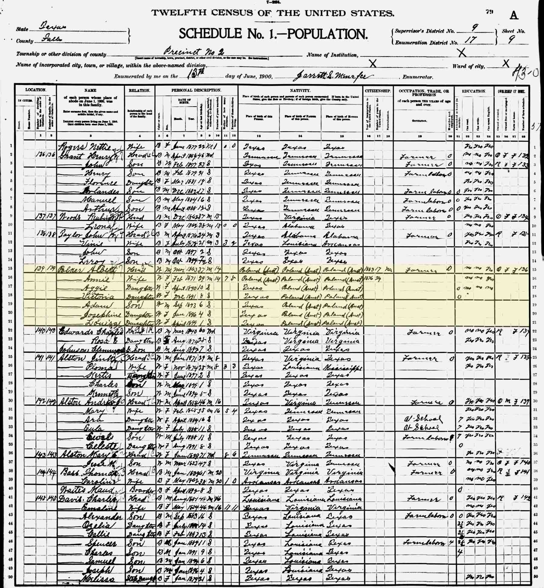 1900 US Census - Falls Co TX